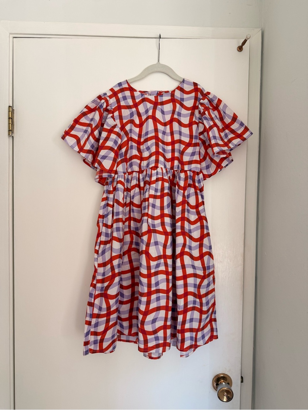 Stella McCartney Girls Red and Lavender Plaid Flutter-Sleeve Dress NWT